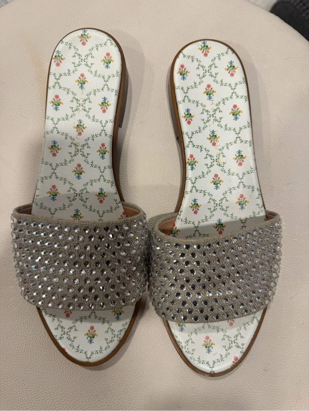 Hill House Crystal-Embellished Slide Sandals in Silver and White Floral Insole